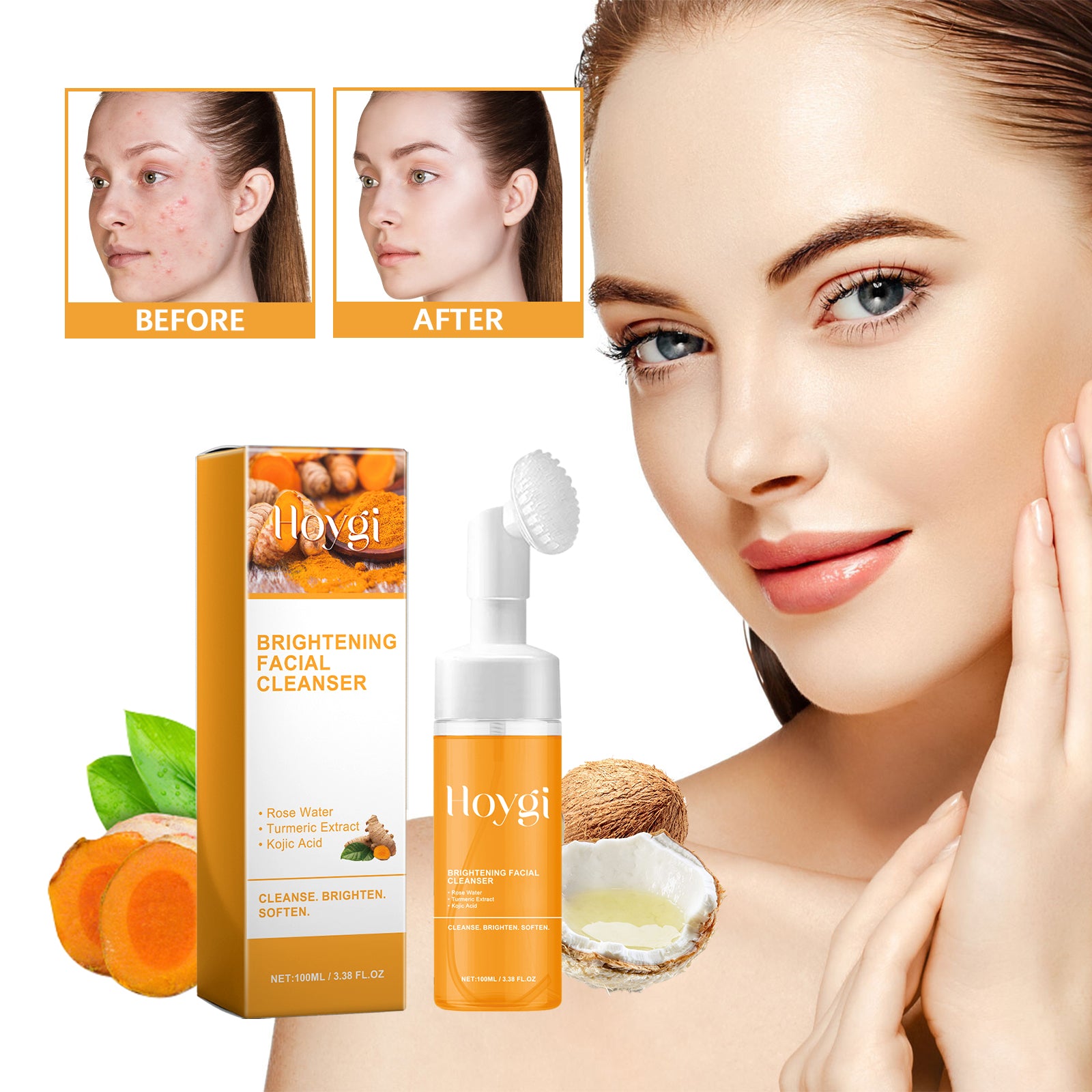 Hoygi Turmeric Facial Cleanser Deep cleansing facial skin, fading acne marks, moisturizing, brightening, and beautifying skin