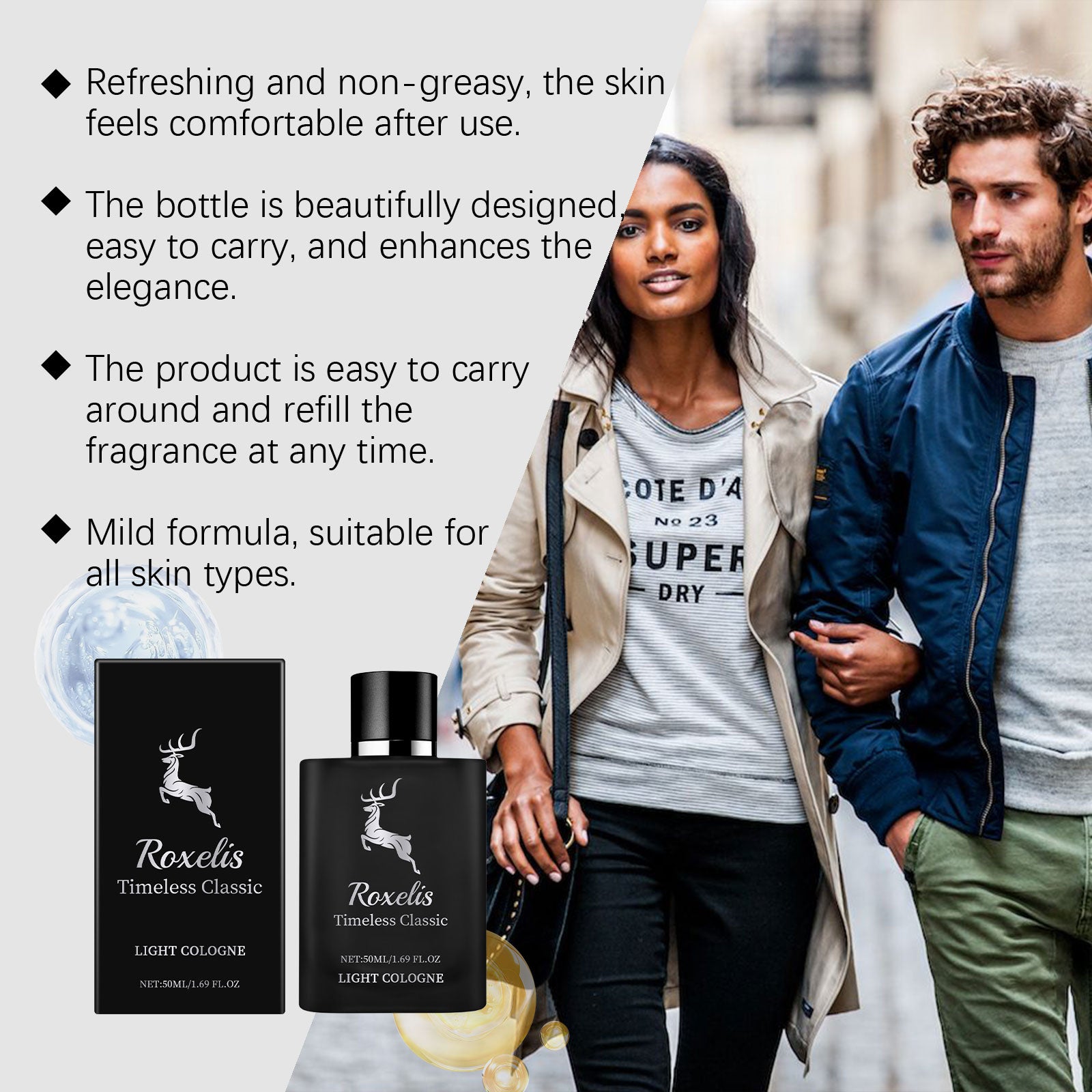 Roxelis Charm Perfume Classic cologne with a natural fresh scent that exudes elegance and long-lasting fragrance, perfect for casual dates