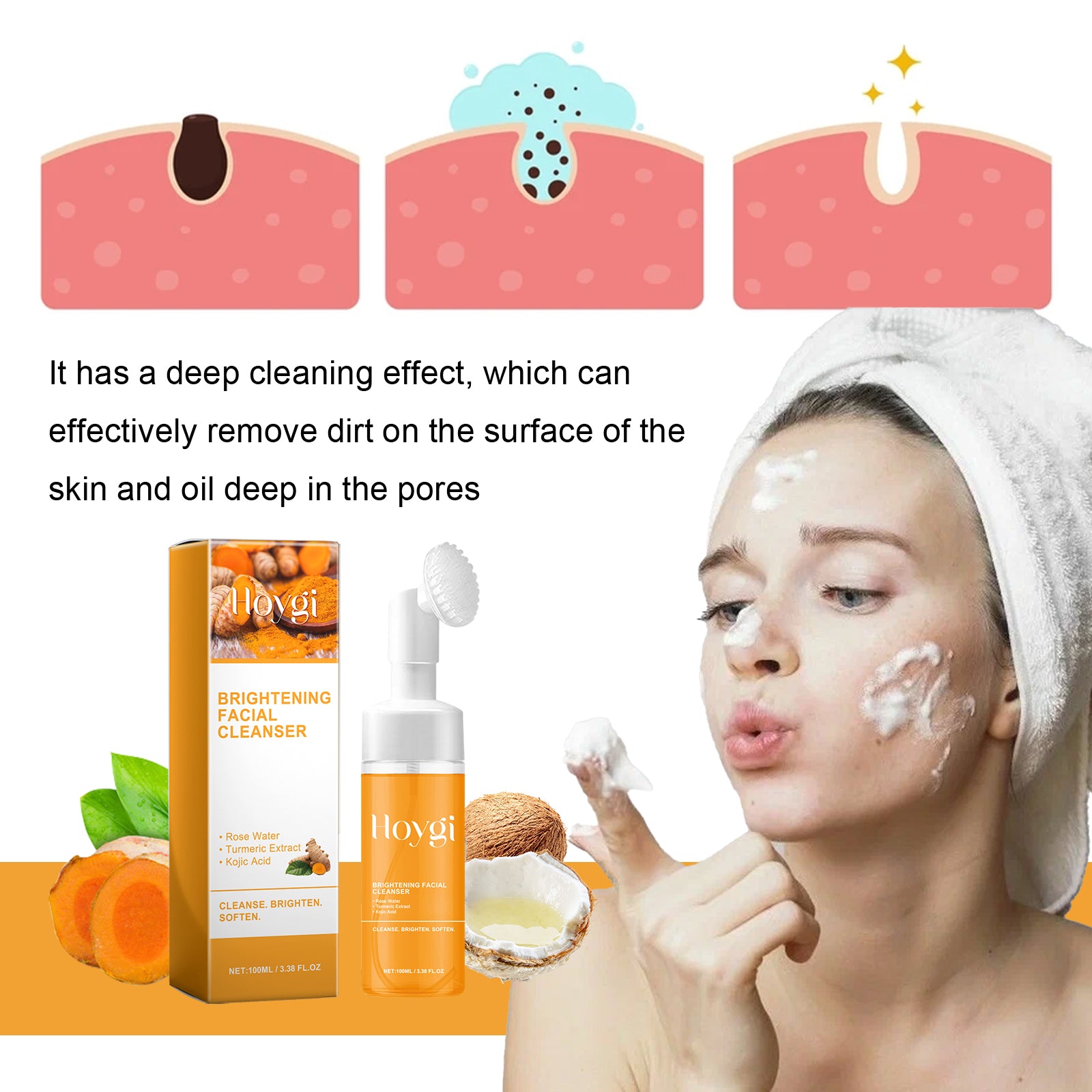 Hoygi Turmeric Facial Cleanser Deep cleansing facial skin, fading acne marks, moisturizing, brightening, and beautifying skin