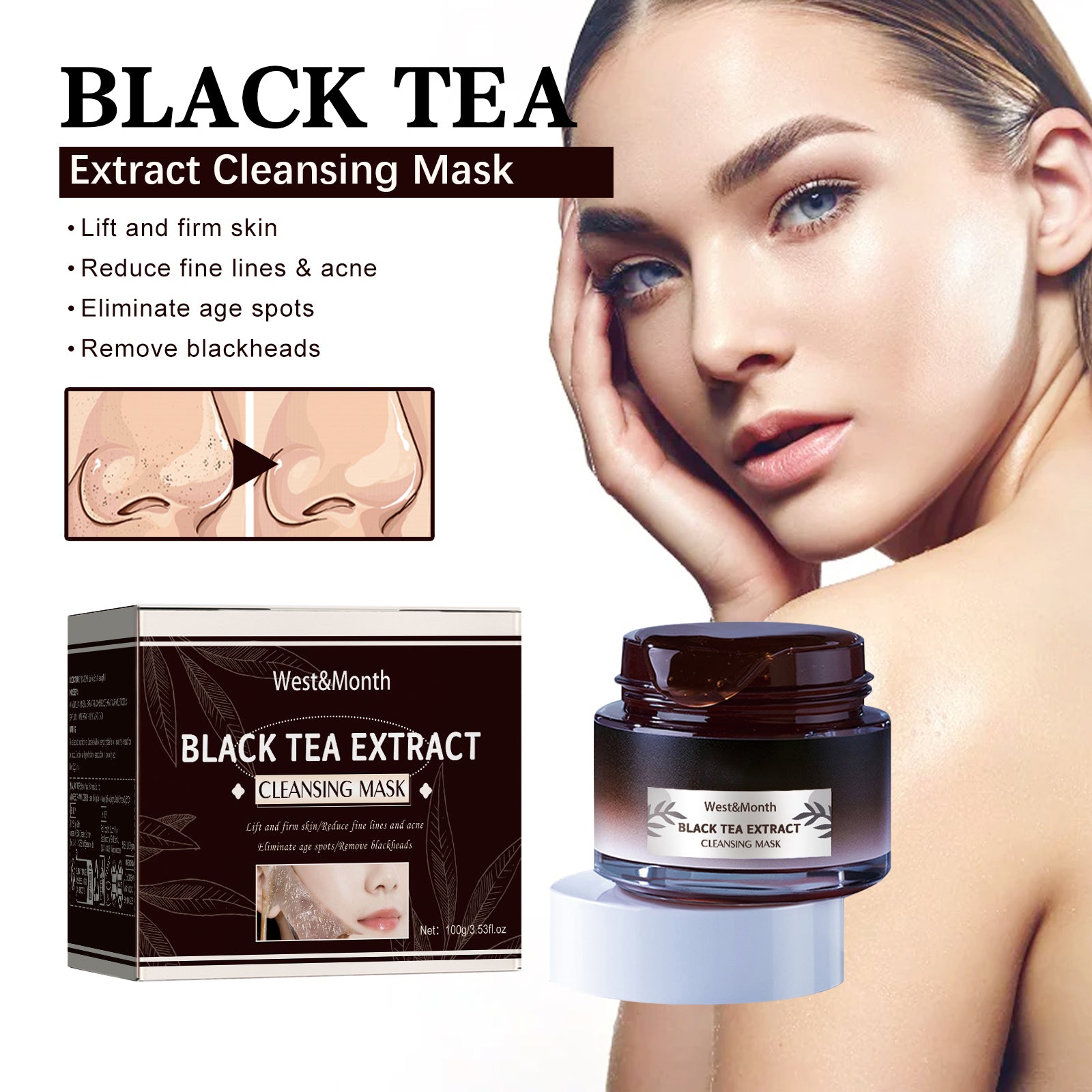 West&Month Black Tea Mask Clean pores, refine pores, brighten skin, rejuvenate skin, peel-off mask