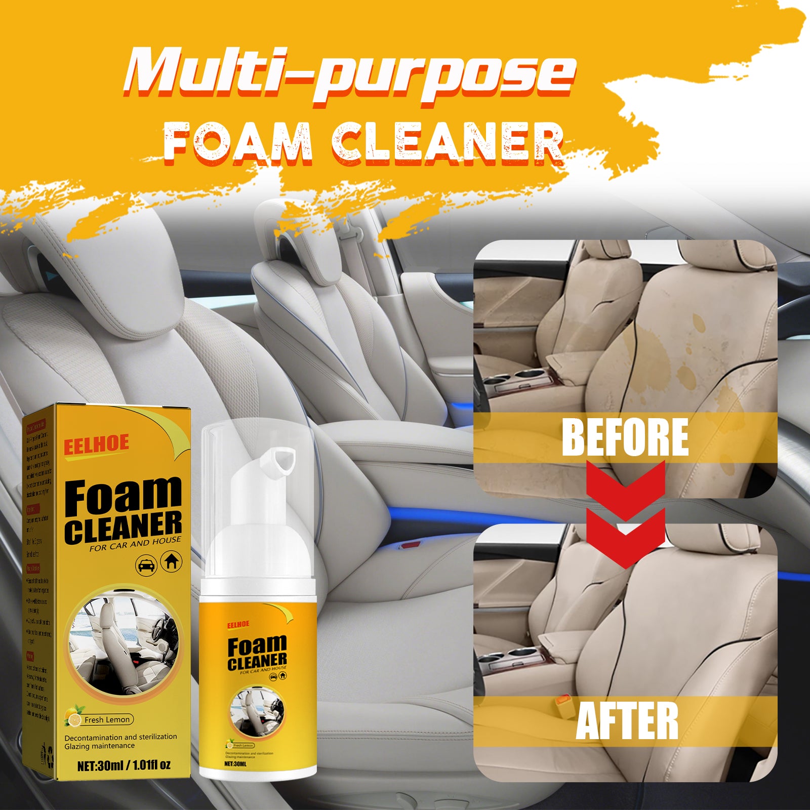 EELHOE Car Steering Wheel Foam Cleaner Leather Seat Supplies Stain Removal Multi-Functional Interior Cleaner
