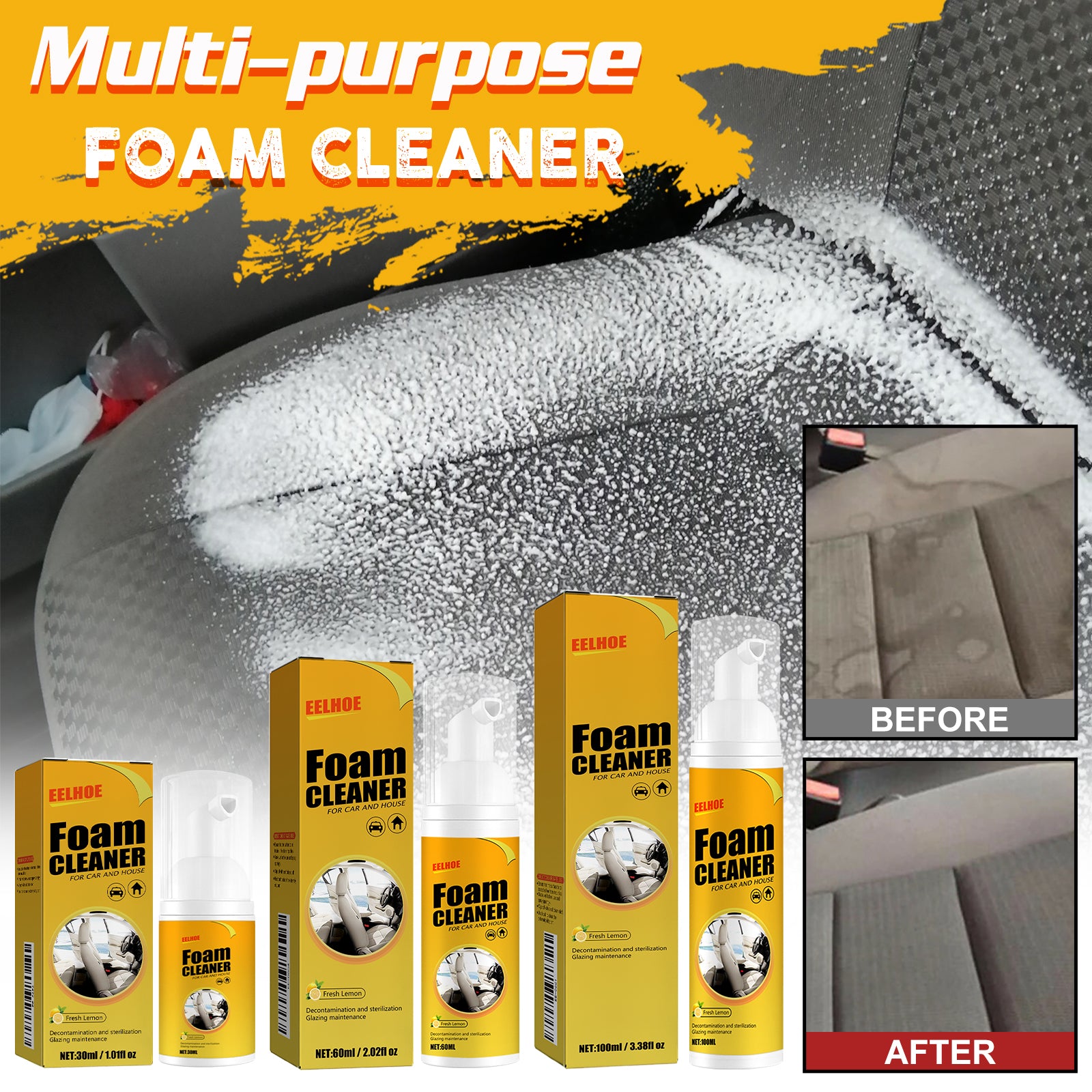 EELHOE Car Steering Wheel Foam Cleaner Leather Seat Supplies Stain Removal Multi-Functional Interior Cleaner