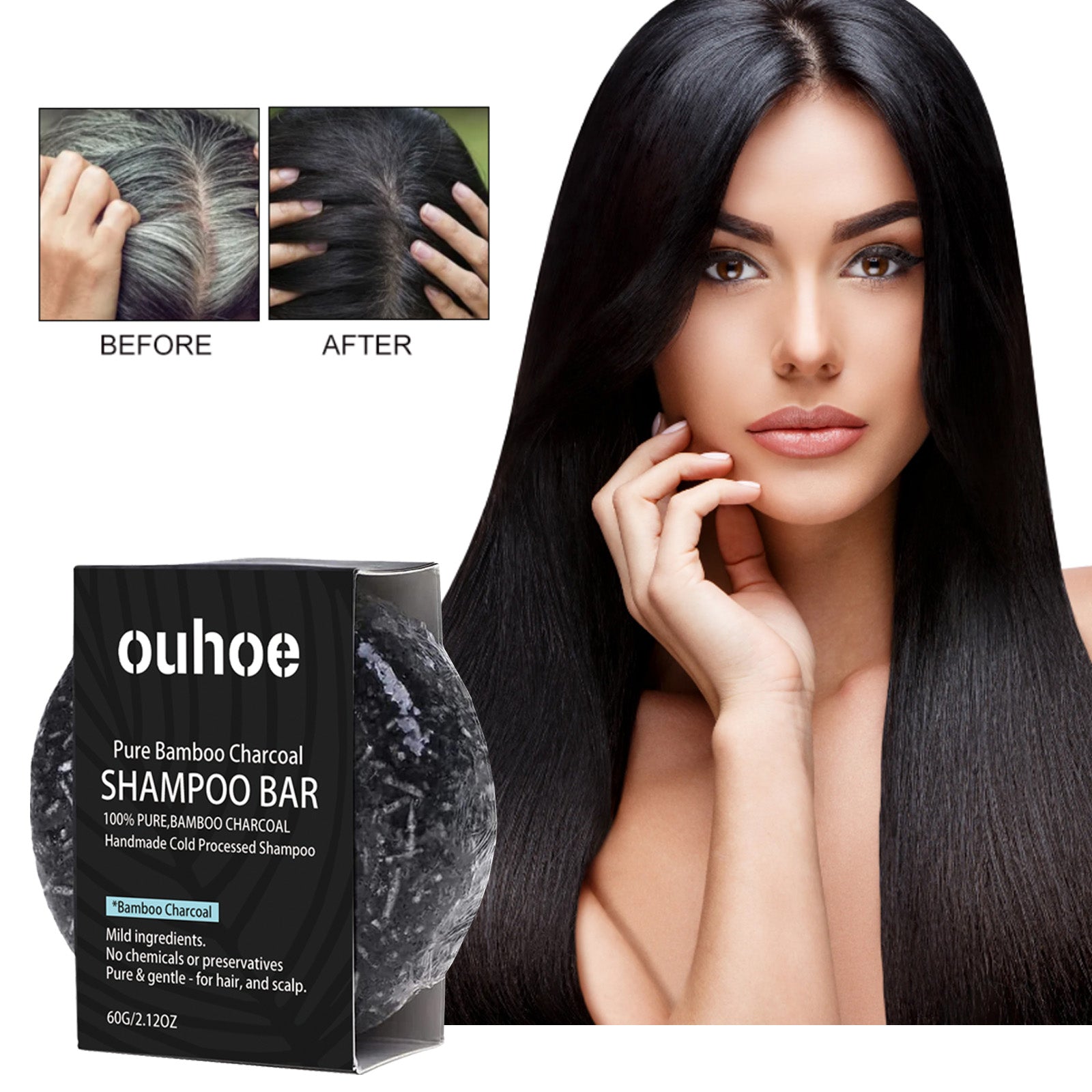 OUHOE Bamboo Charcoal Shampoo Soap Deep Cleansing Scalp Strengthening Hair Nourishing Repairing Dryness Shampoo Bar