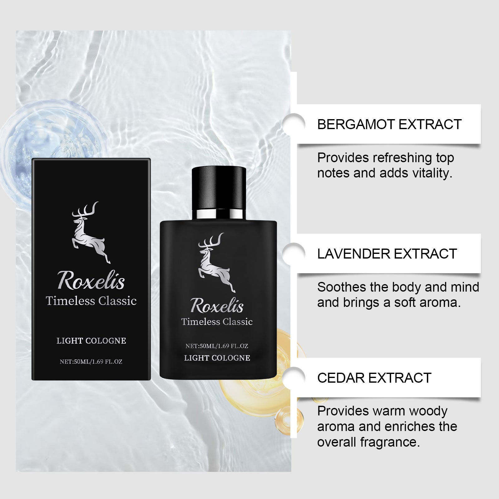 Roxelis Charm Perfume Classic cologne with a natural fresh scent that exudes elegance and long-lasting fragrance, perfect for casual dates