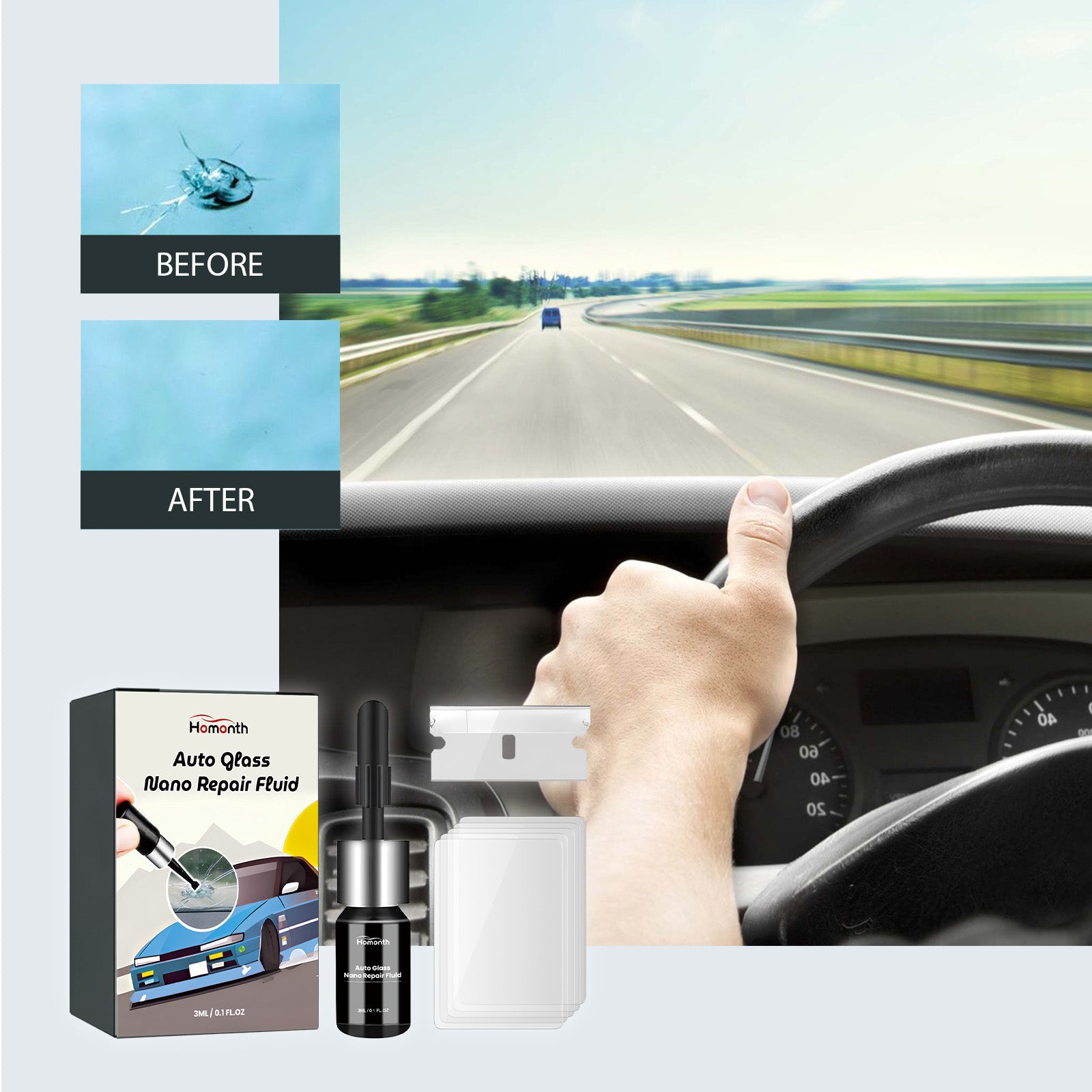 Homonth Automotive Glass Nano Repair Liquid Car Windshield Clear Vision Crack Repair Liquid