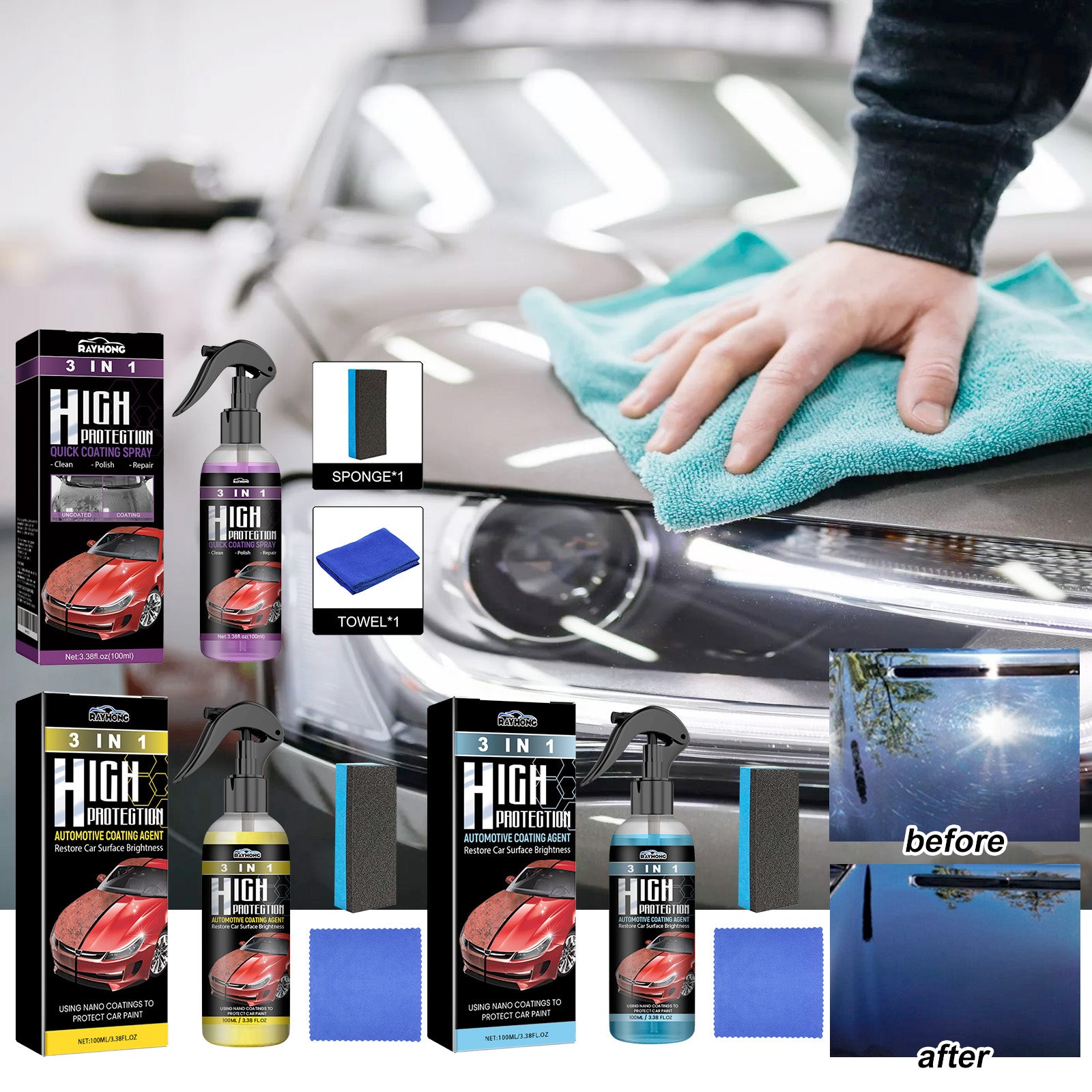 Rayhong Coating Agent 3-in-1（purple） Oil stain removal, polishing, protection, scratch repair, car paint cleaning, maintenance, coating application