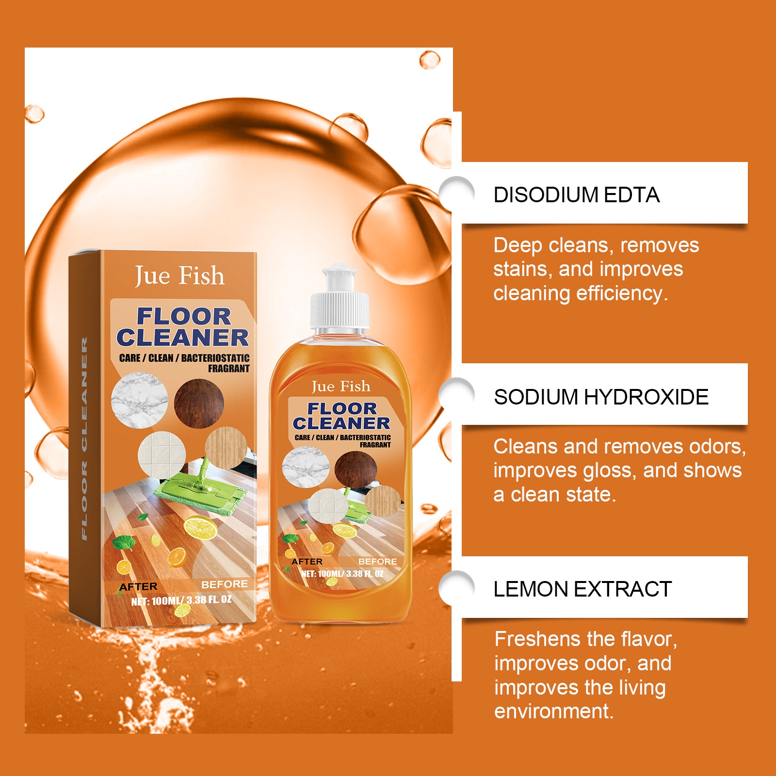 Jue-Fish Floor Cleaner Wood Floor Cleaning Polishing Brightening Powerful Stain Removal Descaling Tile Cleaner